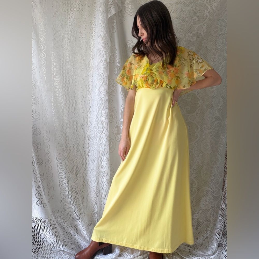 Vintage Yellow Floral Chiffon Maxi Dress 70s Prairie Garden Party - Picture 1 of 14